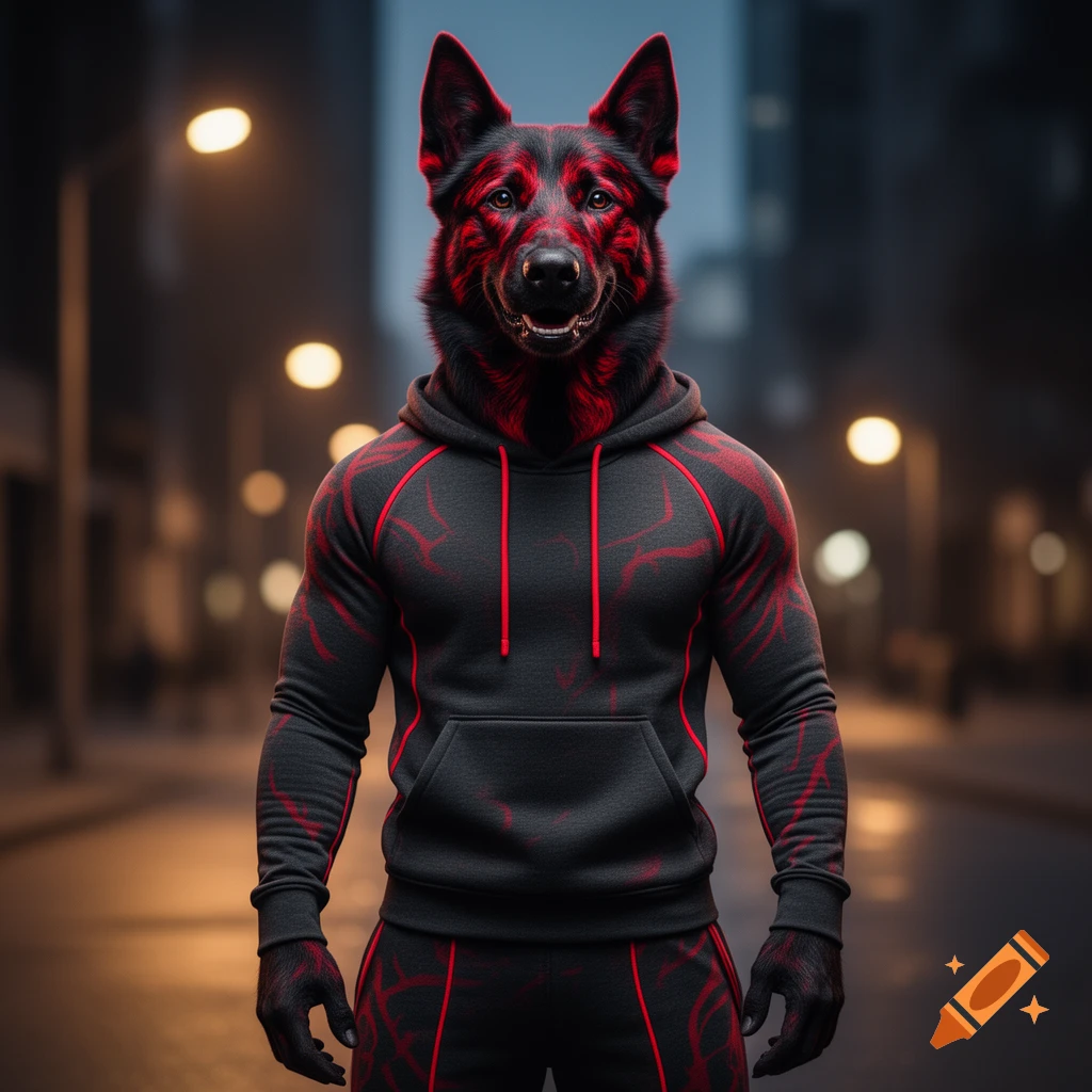 An anthropomorphic black and red dog in a black and red hoodie and sweatpants stands on a blurred city street at night.