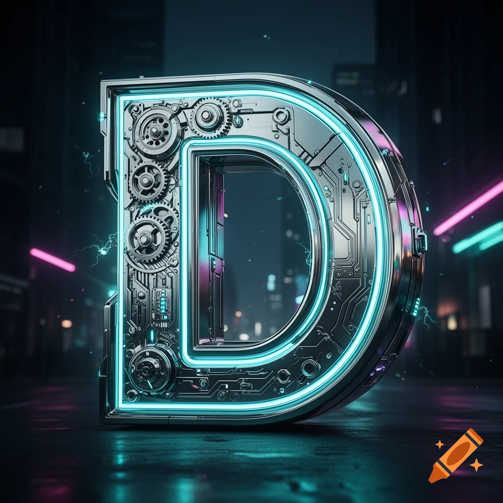 A large metallic letter 'D' with intricate gears, circuits, and glowing blue neon lights, set against a dark, blurry cyberpunk city background with pink and teal neon accents.