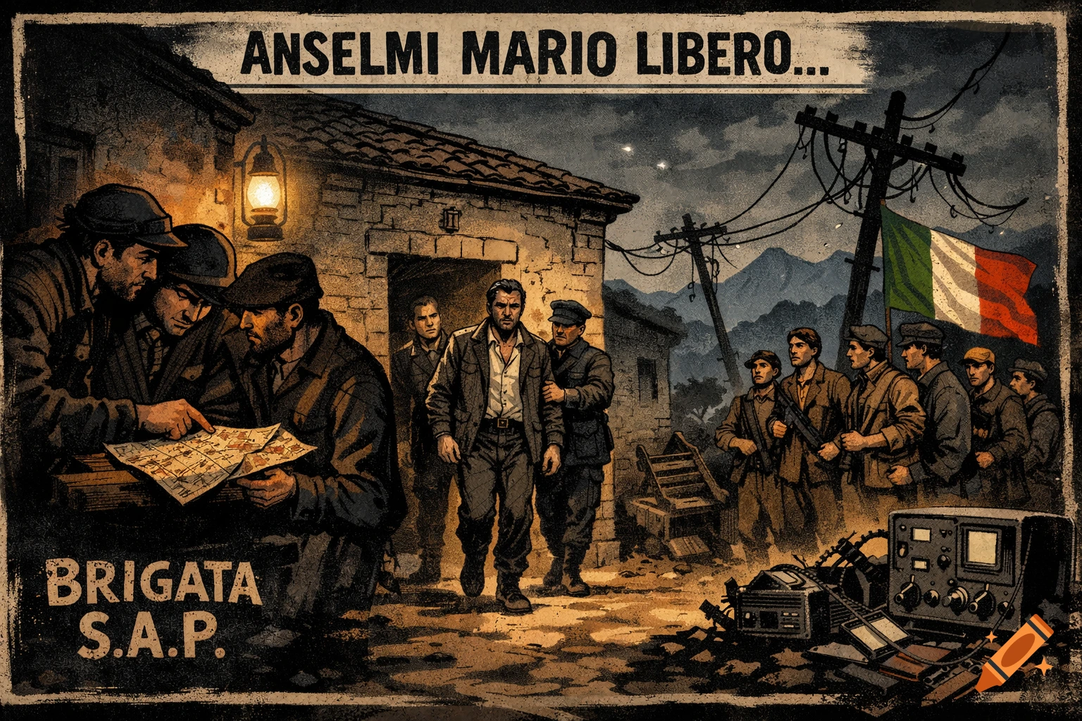 Dramatic comic illustration of partisans in WWII Italy, with a released man, others planning, and an Italian flag.