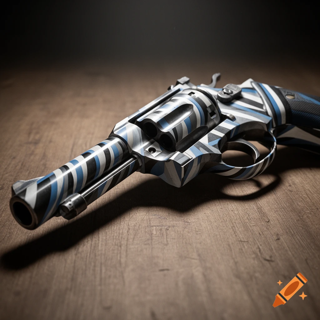 A photorealistic revolver featuring a blue, black, and white dazzle camouflage pattern, resting on a wooden surface.