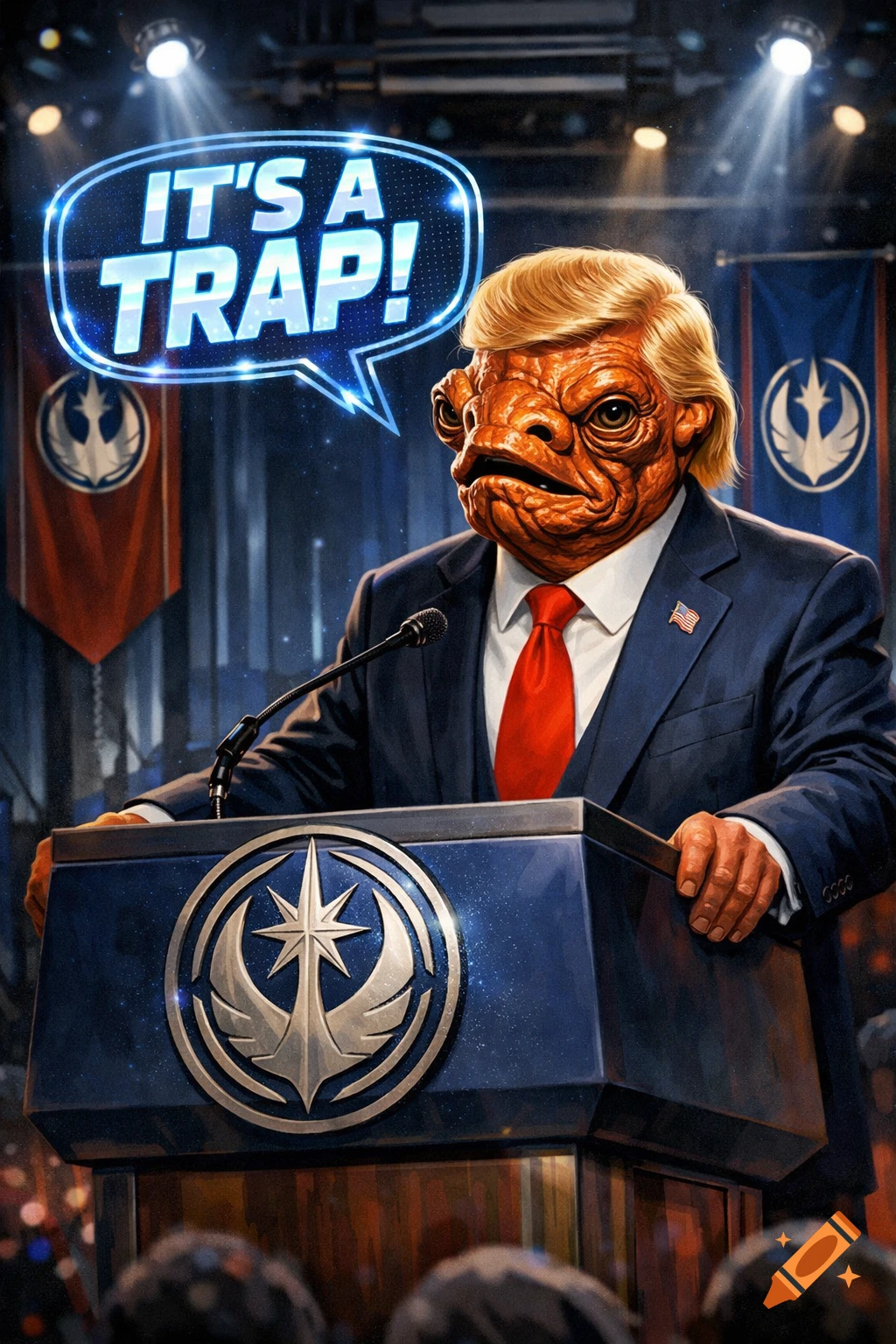 Admiral Ackbar with Donald Trump's blonde hair in a suit, speaking at a podium with Star Wars Rebellion symbols, a speech bubble says 'IT'S A TRAP!'.