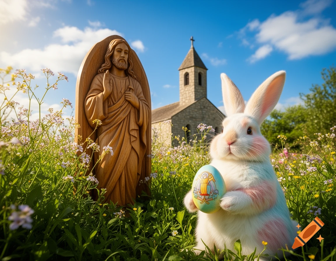 A fluffy white Easter bunny with pink patches holds a light blue Easter egg in a field of wildflowers. In the background, a wooden statue of Jesus stands next to a stone church under a blue sky.
