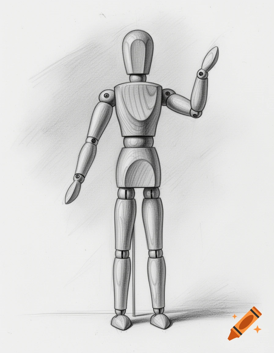 Pencil sketch drawing of a wooden artist's mannequin with one arm raised.