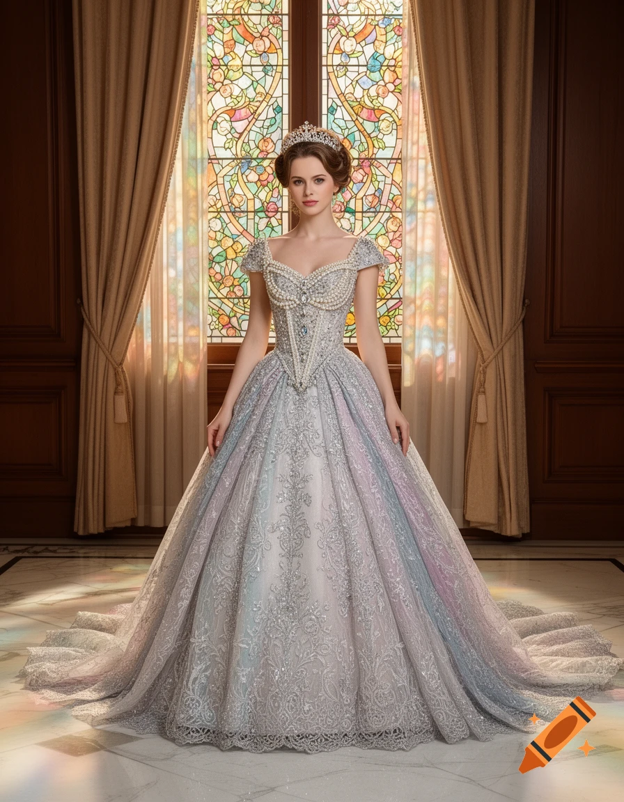 An elegant woman in a pearl-embellished pastel princess gown and tiara stands regally in a luxurious room before a vibrant stained glass window.