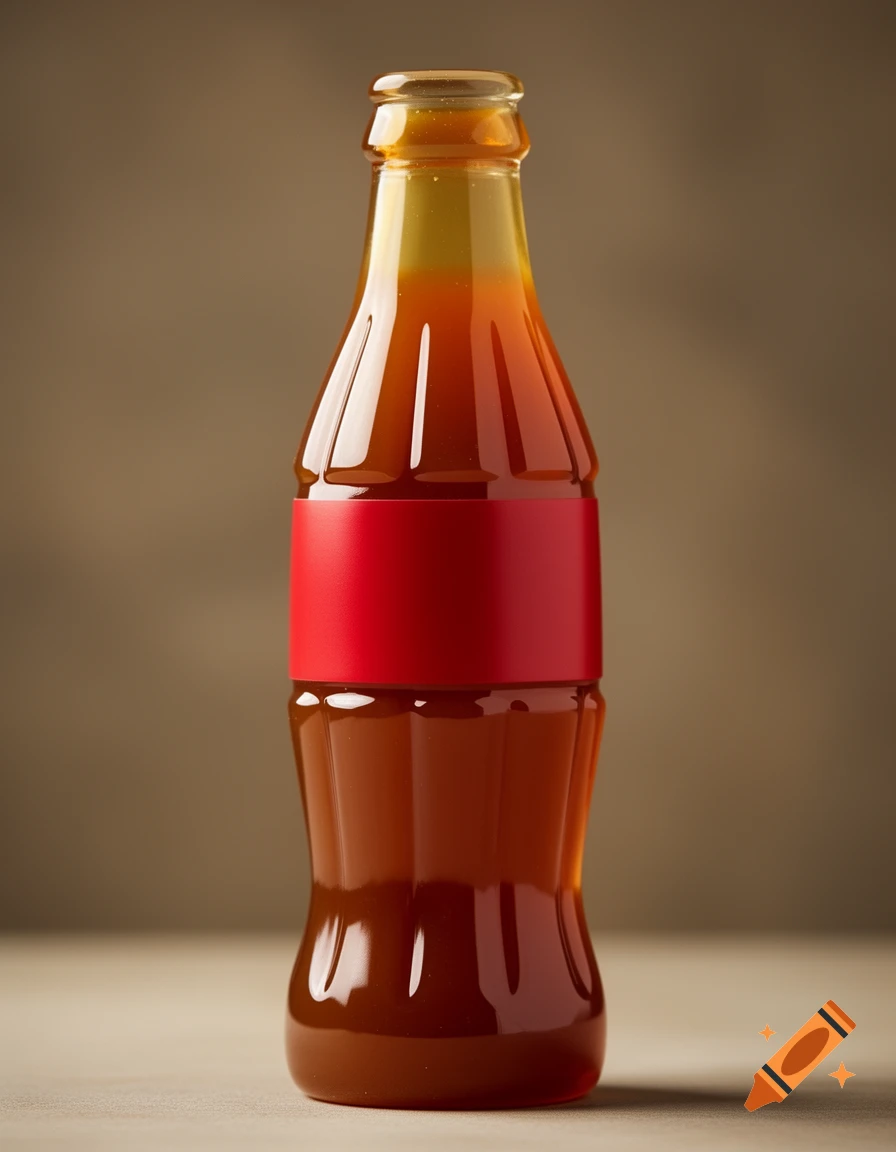 A photorealistic image of a Coca-Cola shaped bottle filled with caramel-colored liquid, featuring a plain red label.