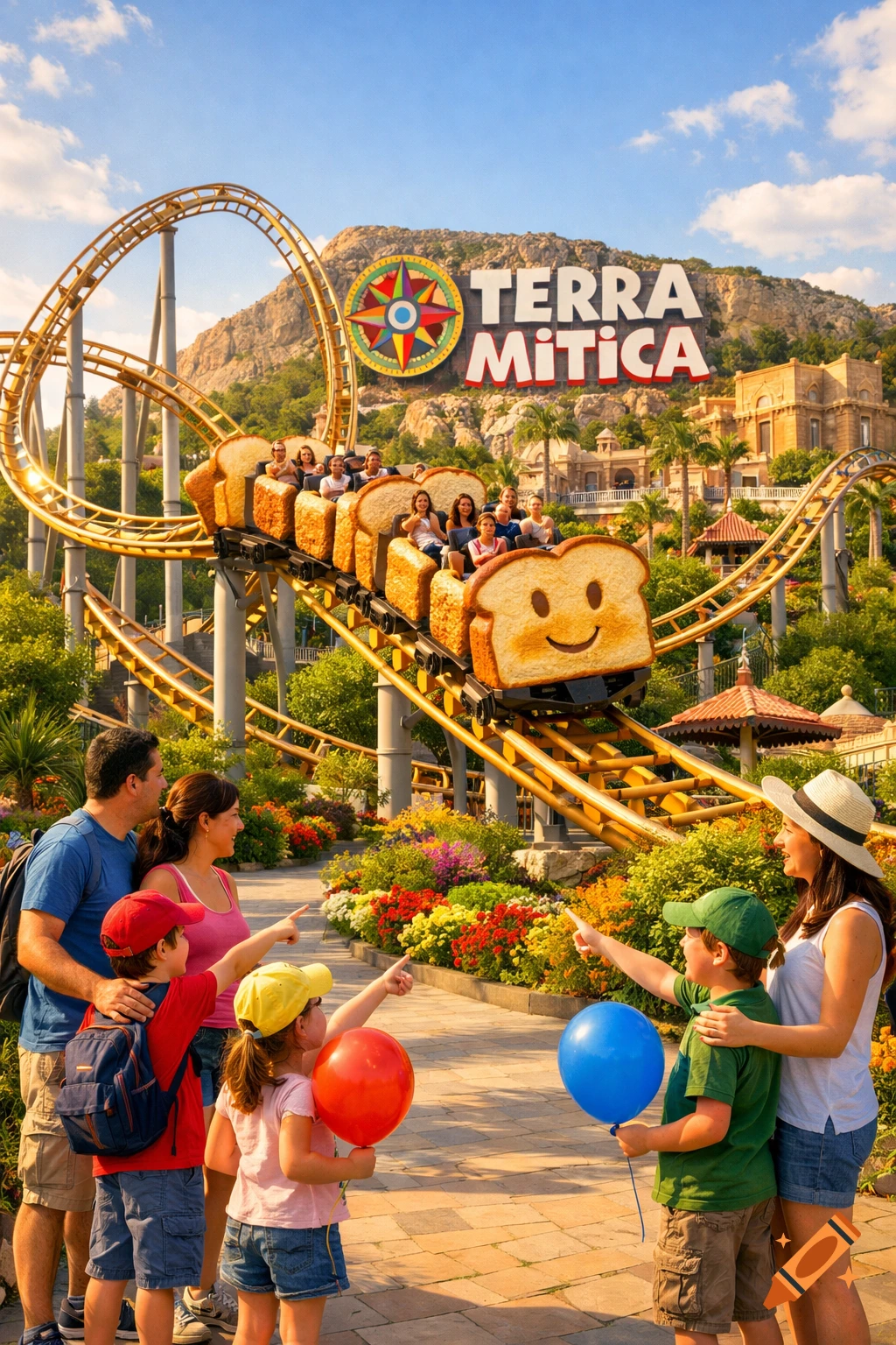 A family watches a unique roller coaster with toast-shaped cars at Terra Mitica amusement park. Photorealistic.