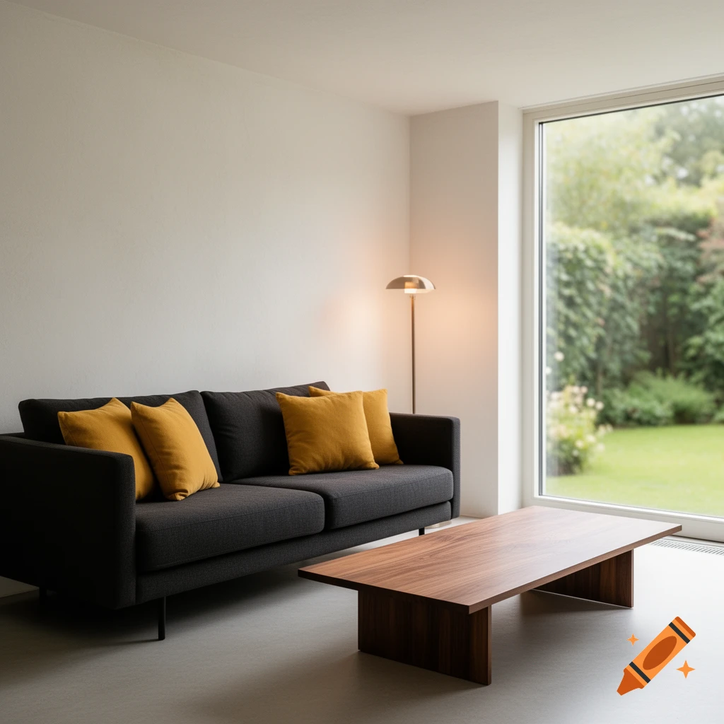 A modern living room with a dark grey sofa, yellow cushions, a wooden coffee table, and a large window overlooking a garden.