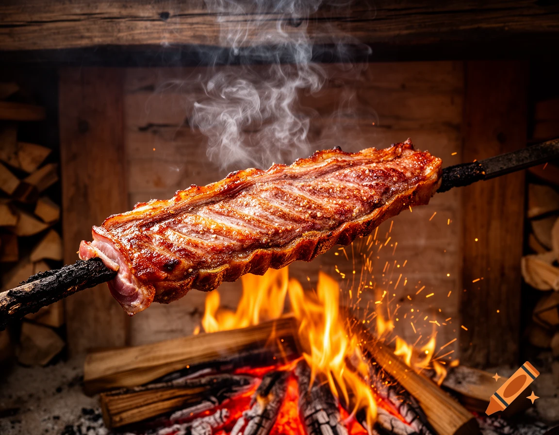 A rack of ribs or bacon roasting on a spit over an open wood fire, with smoke and sparks rising.
