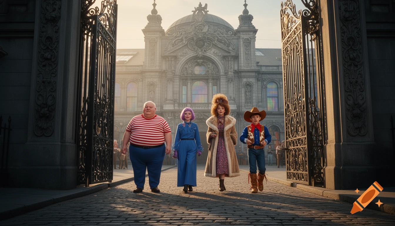 Four characters from Willy Wonka walk through ornate gates on a cobblestone path, with a grand, ornate building in the background.