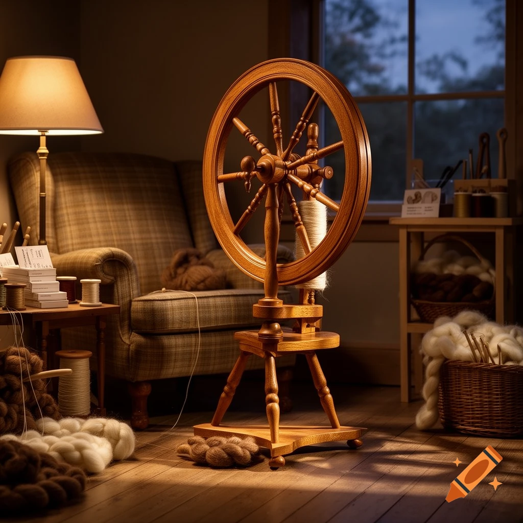 A photorealistic image of a wooden spinning wheel in a dimly lit, cozy room with yarn and crafting supplies.