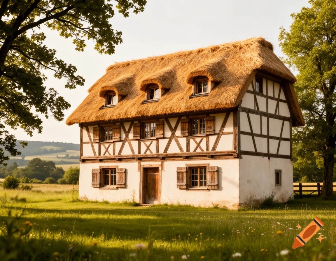 A photorealistic two-story half-timbered house with a thatched roof and three dormers, situated in a green field.
