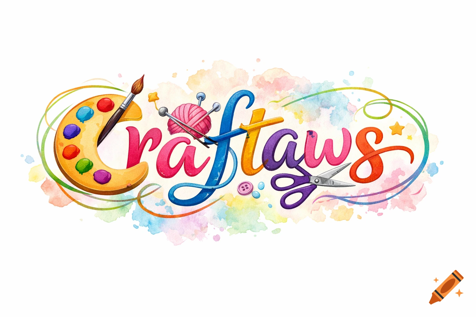 A colorful watercolor-style logo for "Craftaws" featuring a paint palette with a brush, yarn with knitting needles, and a pair of scissors, all on a background of colorful paint splashes.