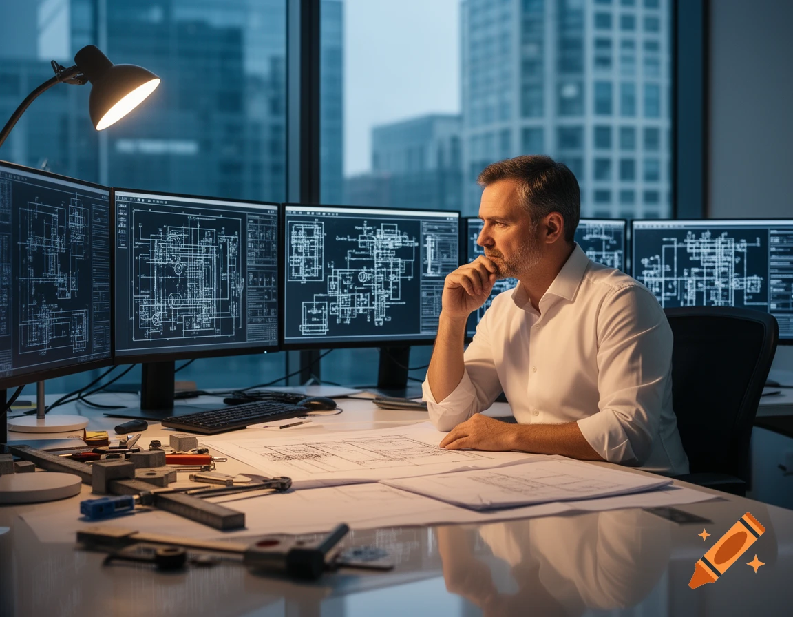 Engineer working at a desk with multiple monitors displaying technical schematics in a modern office.