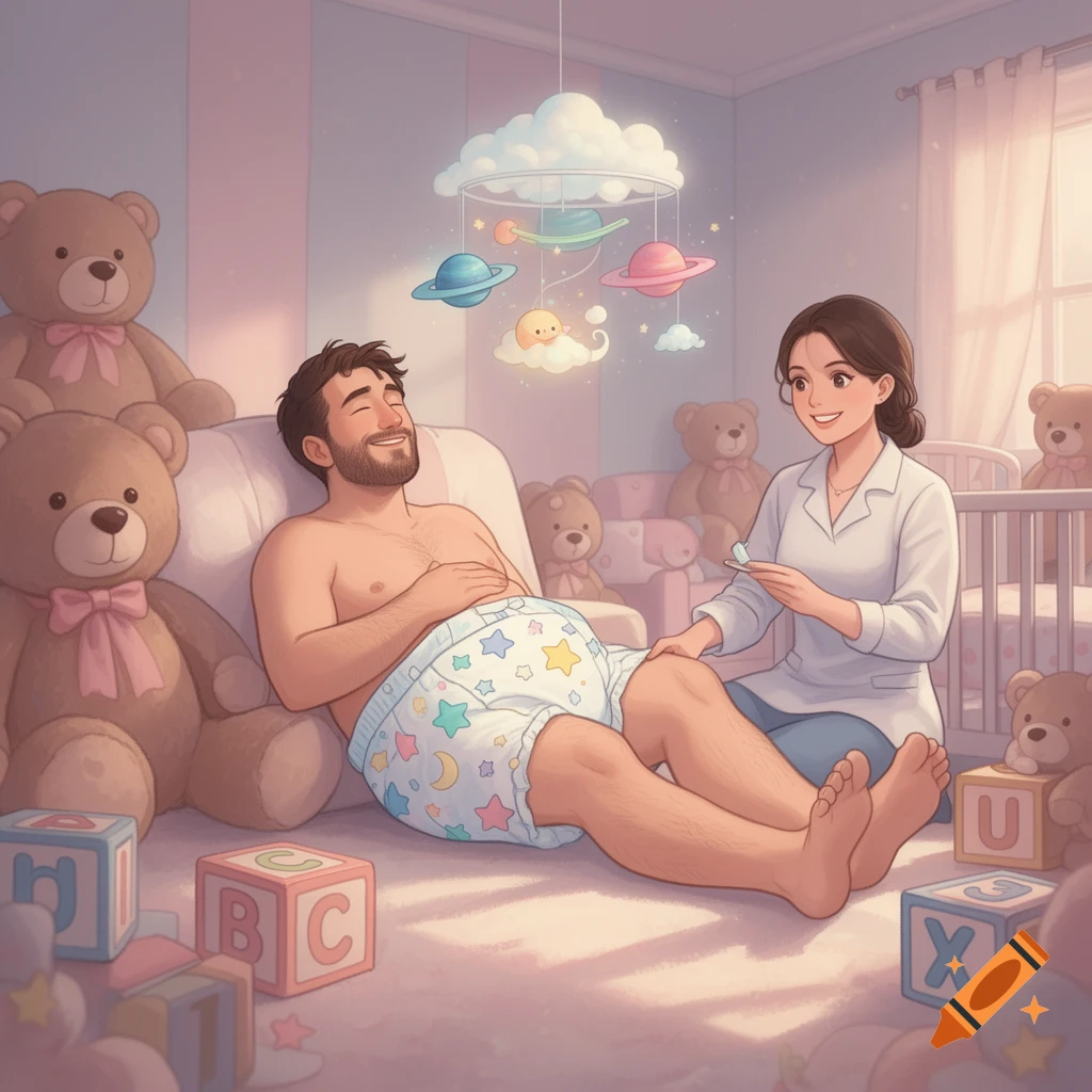 Cartoon illustration of a man in a diaper smiling in a pastel nursery, with a woman kneeling beside him.