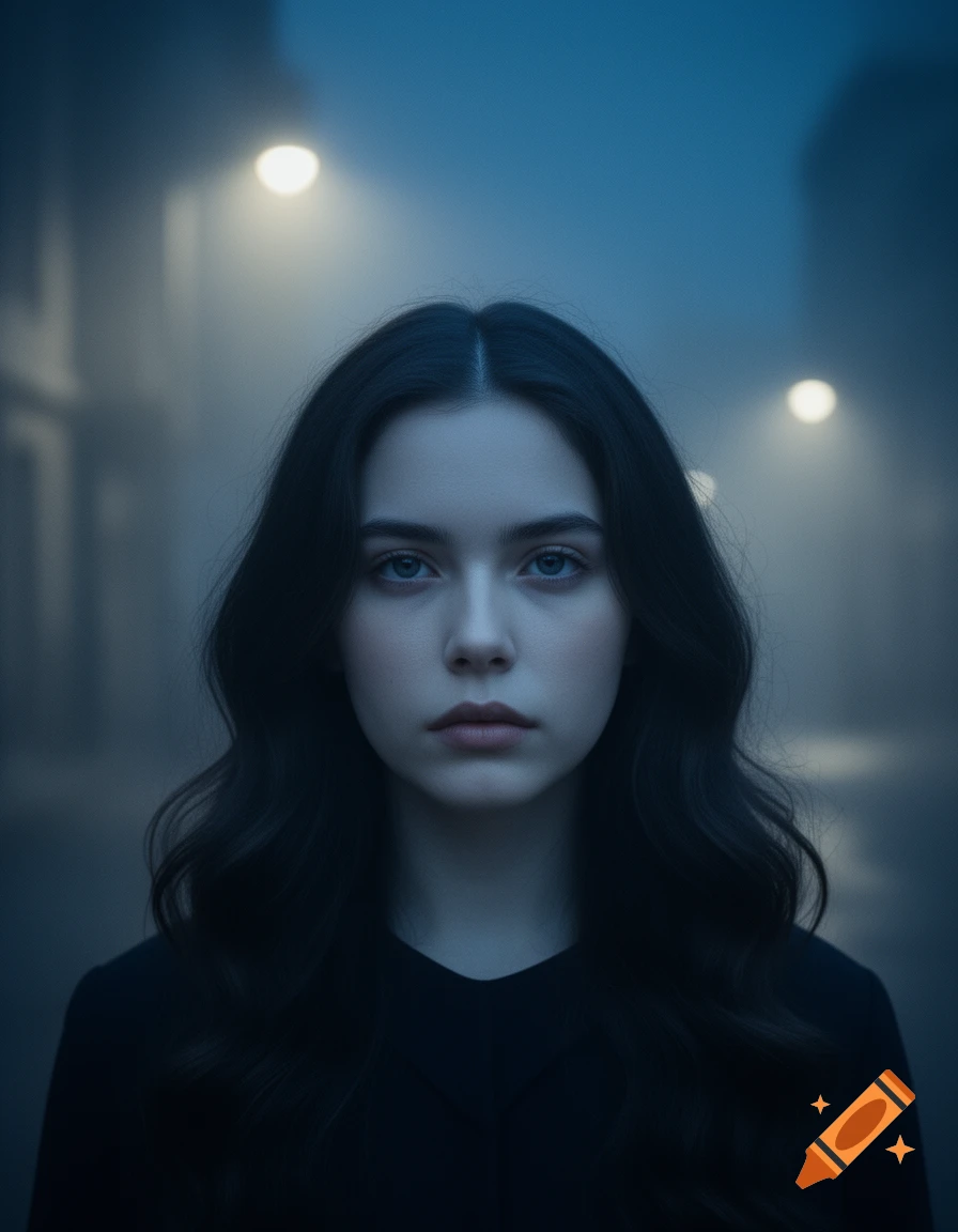 Photorealistic portrait of a young woman with dark hair and blue eyes, serious expression, in a foggy, dark street with streetlights.