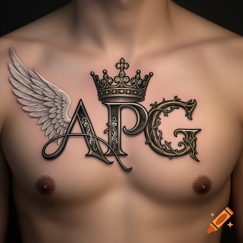 Ornate tattoo of 'APG' with a crown and a wing on a man's bare chest.