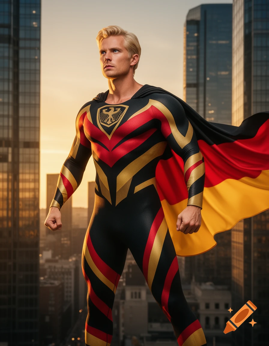 Muscular blonde male superhero in a black, red, and gold German flag-inspired suit with an eagle emblem and cape, standing on a city rooftop at sunset.