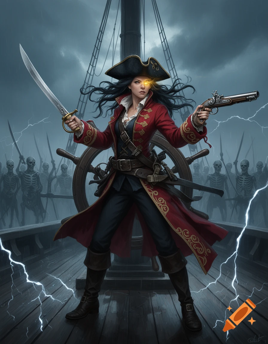 Female pirate captain with a glowing eye, wielding a sword and pistol, on a ship with undead crew under a stormy sky.