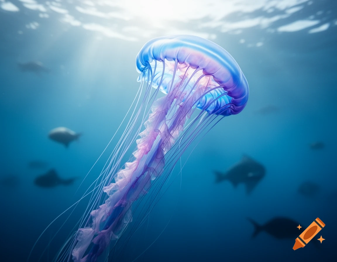 A vibrant blue and purple jellyfish with long tentacles swims in clear blue ocean water with sunlight filtering from above.