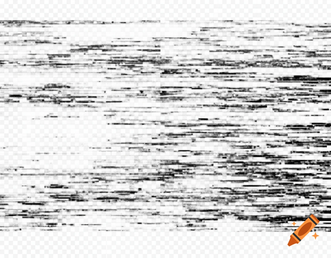Digital glitch effect with horizontal black and white lines and static on a transparent background.