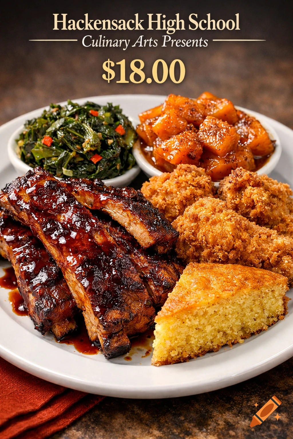 A plate featuring ribs, fried chicken, collard greens, candied yams, and a slice of cornbread. Text above reads "Hackensack High School Culinary Arts Presents $18.00".