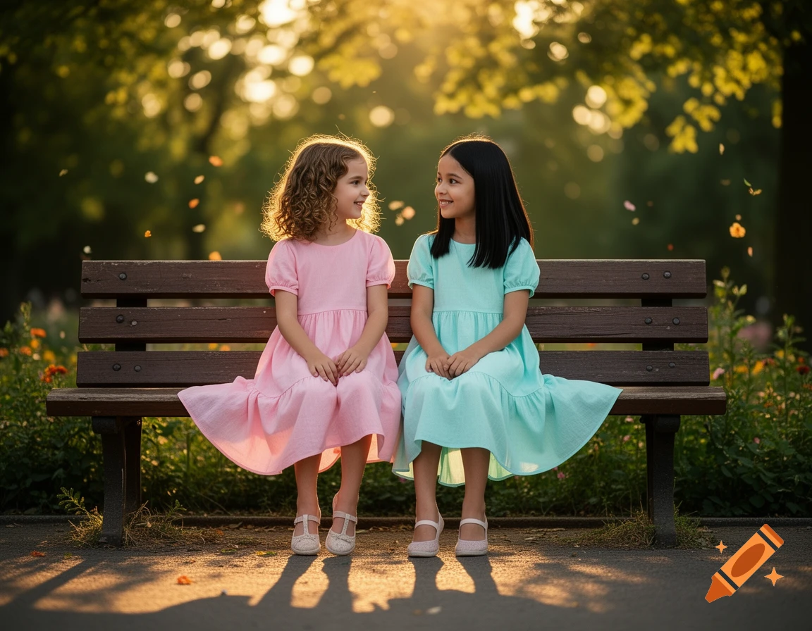 Two young girls in dresses sit on a park bench during golden hour ...