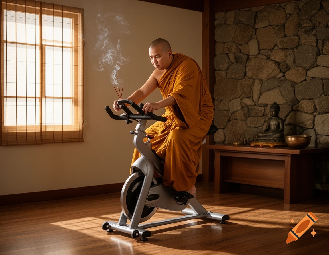 A bald Buddhist monk in an orange robe rides a stationary bike indoors, holding smoking incense sticks, in a photorealistic style.