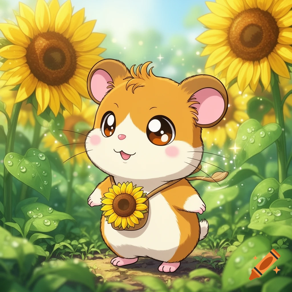 A cute, anime-style hamster with big eyes and a tiny sunflower bag stands in a vibrant green field among tall yellow sunflowers under a blue sky.