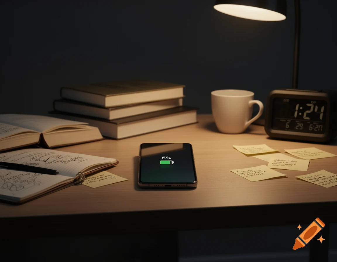 A desk with a smartphone showing 5% battery, books, an open notebook with scribbles, a pen, sticky notes, a white mug, and a digital alarm clock displaying 1:24, all illuminated by a desk lamp.
