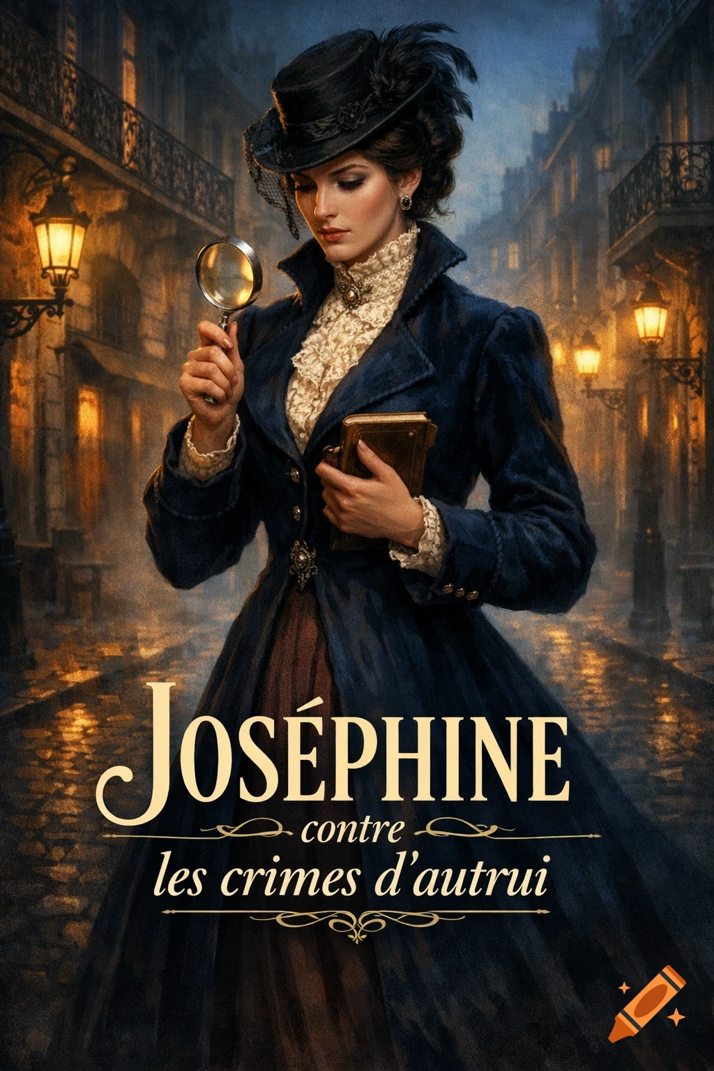 A woman in a Victorian coat and hat holds a magnifying glass and book on a gas-lit street at night. Text reads 'JOSÉPHINE contre les crimes d'autrui'.