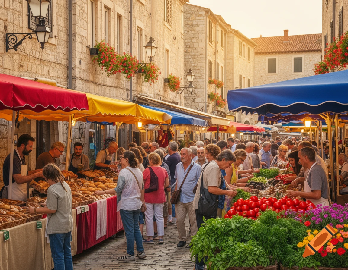A busy street market in a European town, with vendors selling bread, vegetables, and flowers to a crowd under colorful awnings. Photorealistic.