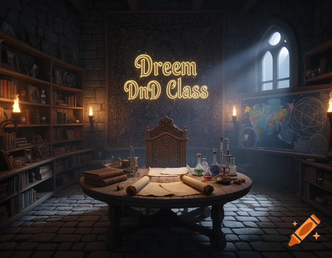 A fantasy study room with neon text 'Dreem DnD Class' above a wooden desk, bookshelves, and a world map.