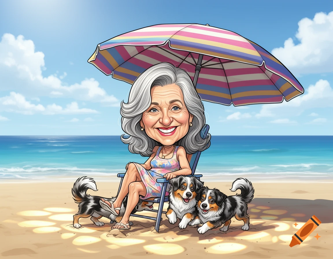 A caricature of an older lady with grey hair sitting in a beach chair under a striped umbrella, with two miniature Australian shepherds on the sand next to her.