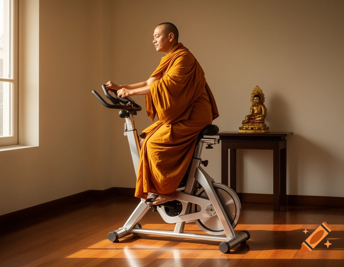 A Buddhist monk in orange robes rides a stationary bike indoors, with a window and a golden Buddha statue on a table.