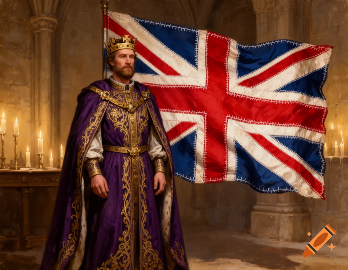 A regal king in a purple and gold robe and crown stands before a stitched Union Jack flag in a candlelit stone hall.