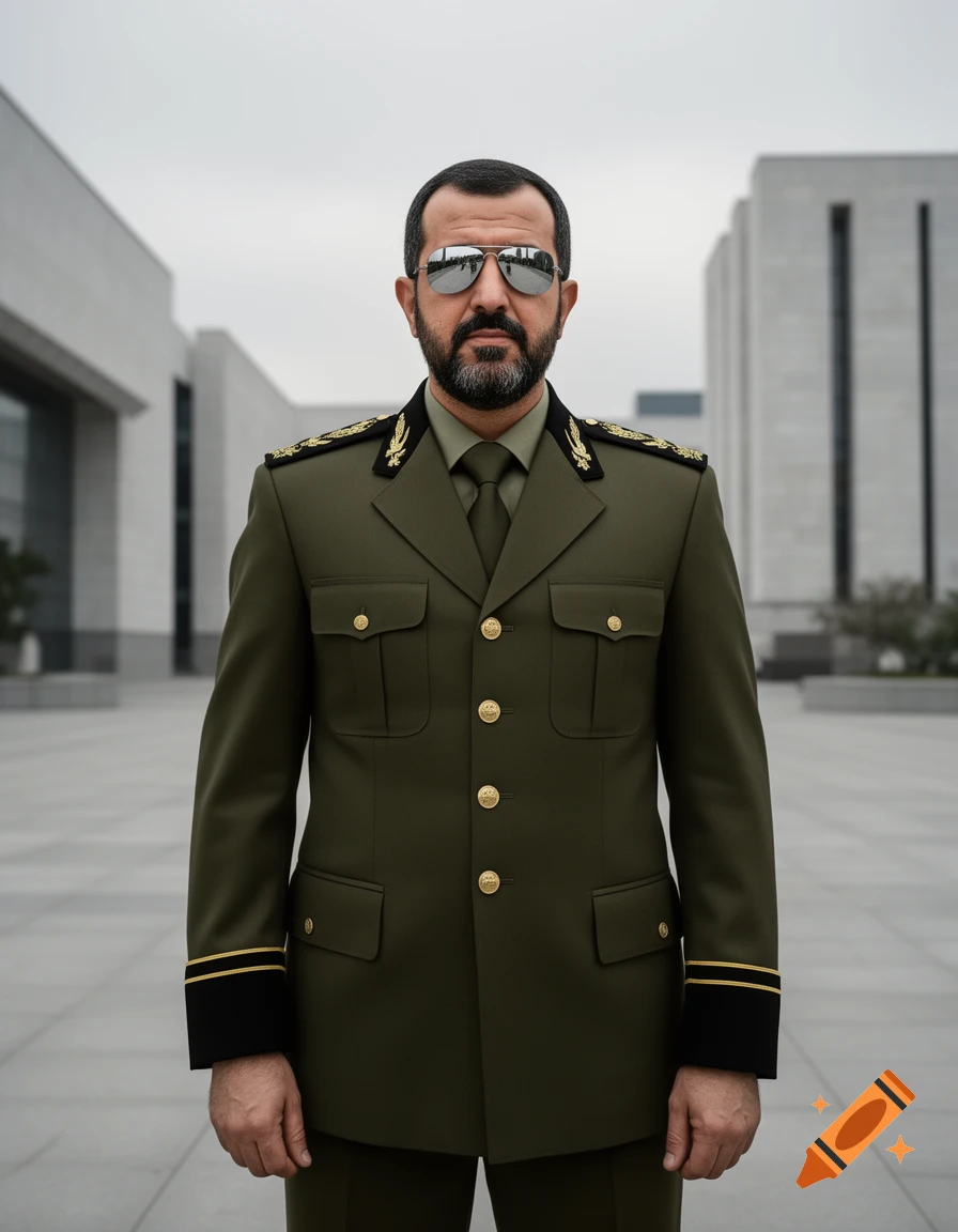 Photorealistic portrait of a man in a green military uniform, sunglasses, and a beard, standing before modern buildings.