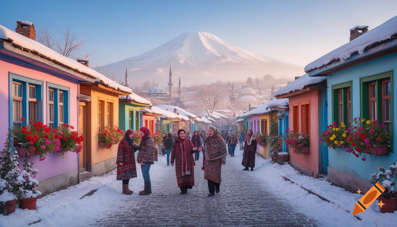 A snowy Turkish town with colorful houses, people walking on cobblestone streets, and a large snow-capped mountain under a clear sky.
