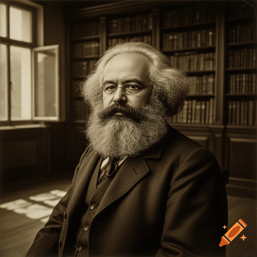 A sepia-toned, photorealistic portrait of Karl Marx with a full beard and glasses, seated in a dimly lit library.
