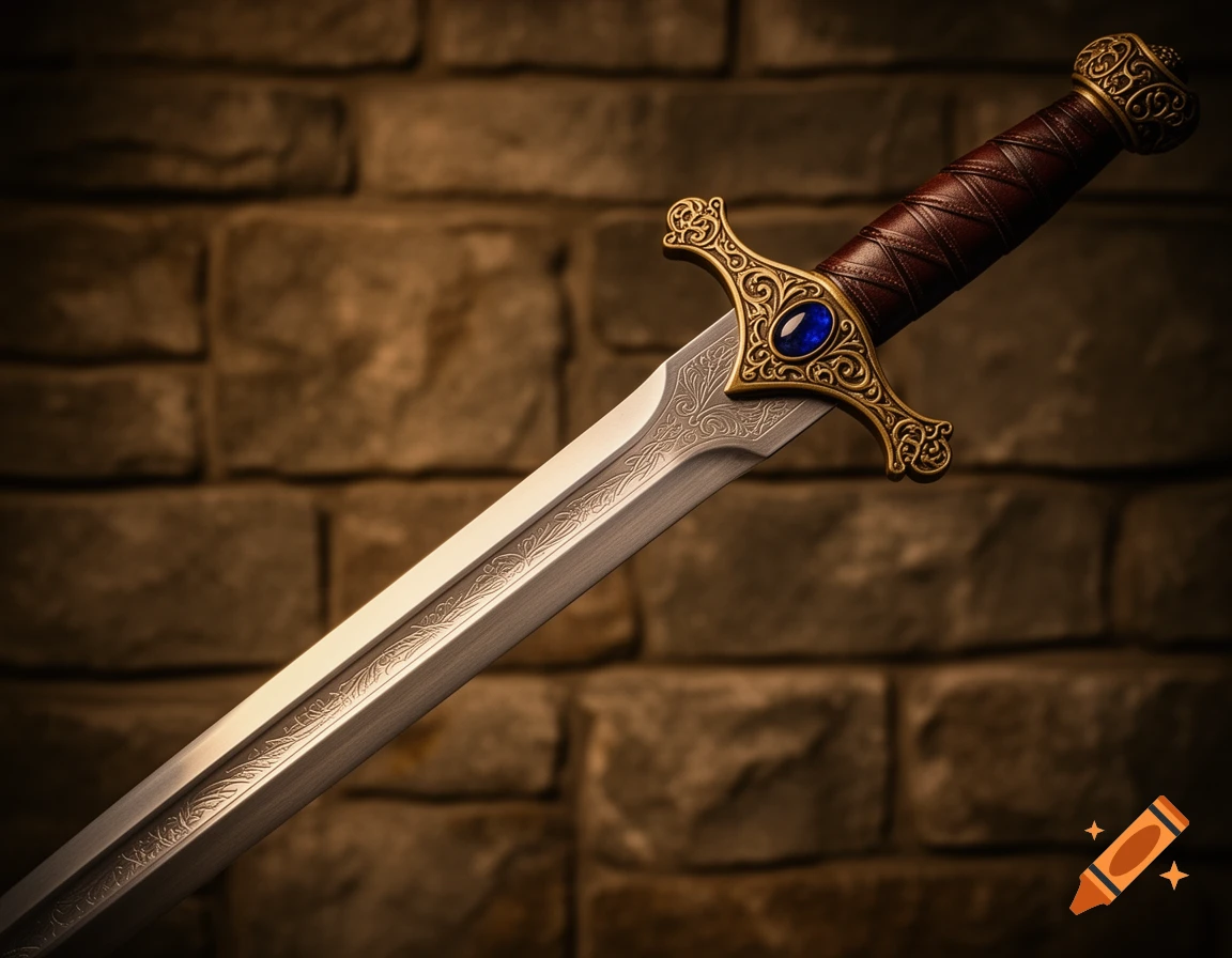 A photorealistic image of an ornate medieval sword with a gold hilt, blue jewel, and engraved blade against a brick wall.