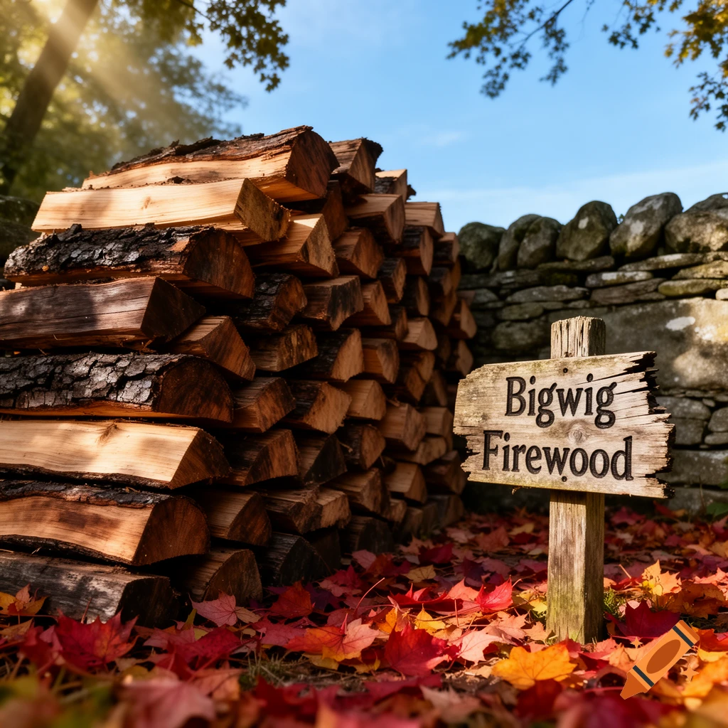 Photorealistic stack of firewood and a 'Bigwig Firewood' sign on fallen autumn leaves near a stone wall under a sunny sky.