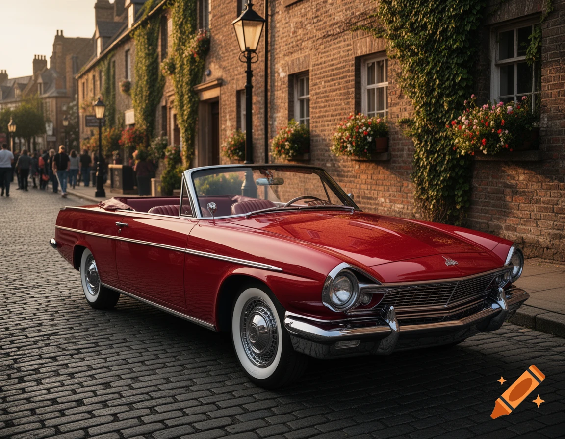 A classic red convertible car is parked on a cobblestone street in ...