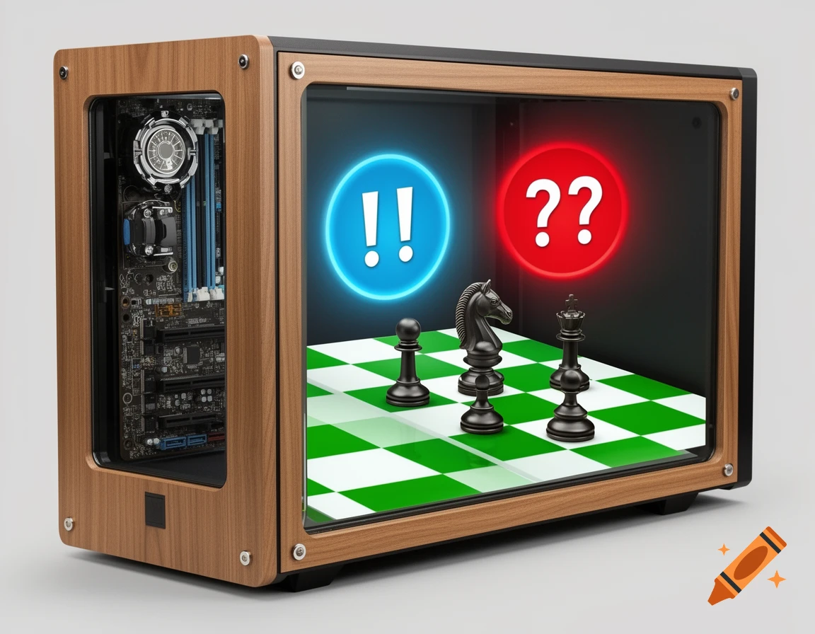 A computer case with a wooden frame and a glass panel displaying a chess board with green and white squares, three chess pieces, a blue circle with two exclamation marks, and a red circle with two question marks. The left side reveals internal CPU components.