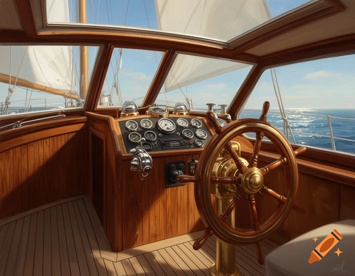 A detailed painting of a sailboat's wooden cockpit, featuring a large steering wheel, dashboard gauges, and a view of sails and the sparkling blue ocean.