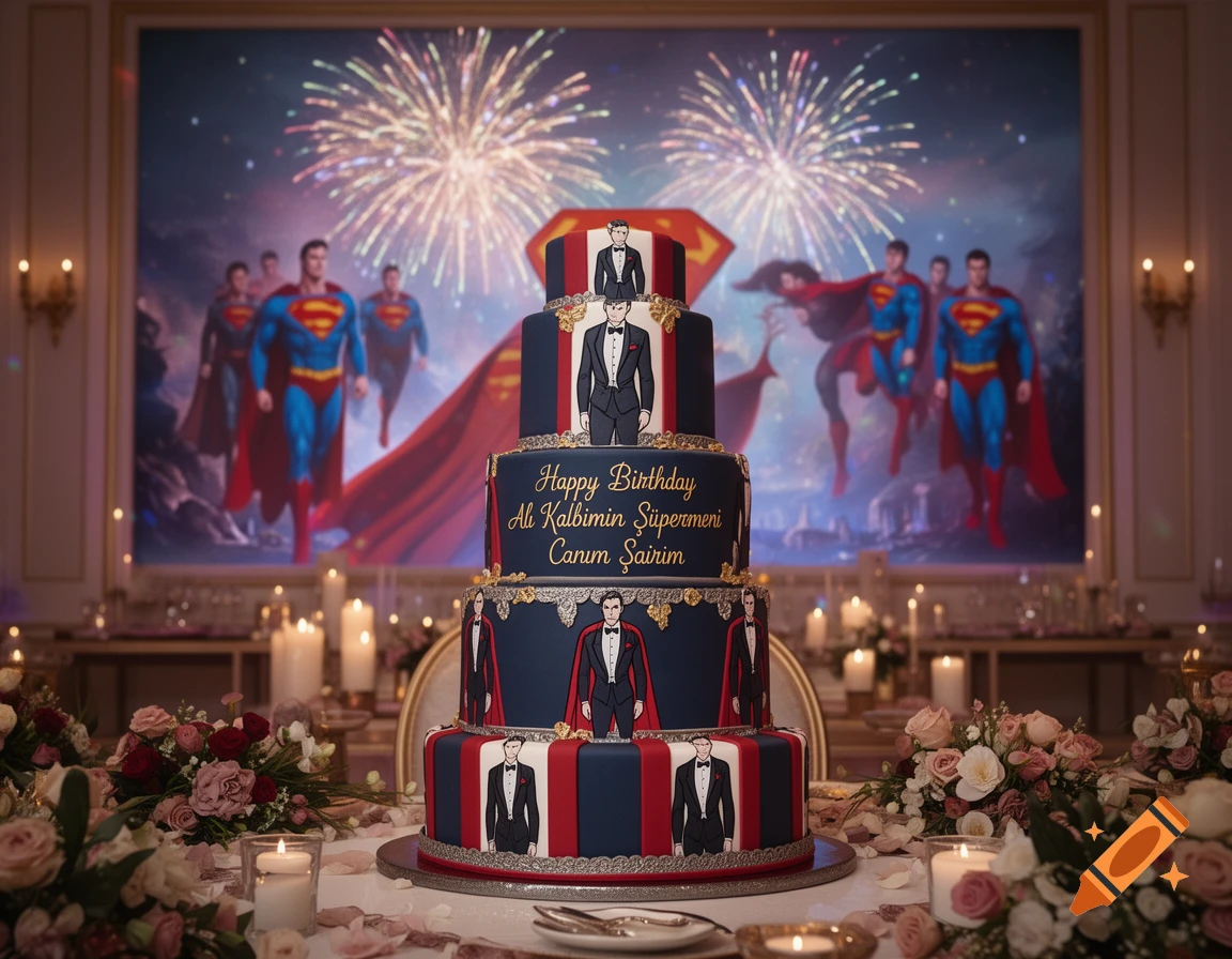 Elegant multi-tiered birthday cake with Superman and tuxedo figures, 'Happy Birthday' text, set on a table with flowers and candles, against a backdrop of Superman artwork and fireworks.