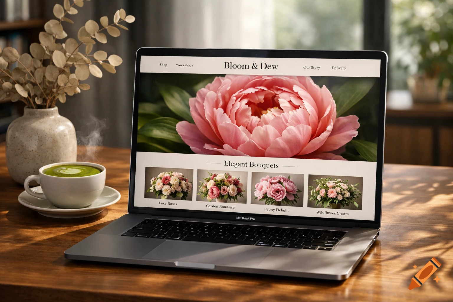 A MacBook Pro on a wooden desk displays a flower shop website with a pink peony. A matcha latte and a vase of dried eucalyptus sit nearby in natural light.