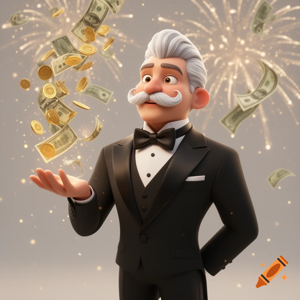 A 3D animated wealthy mascot with a white mustache and tuxedo tosses gold coins and cash as golden sparks and fireworks illuminate the background.