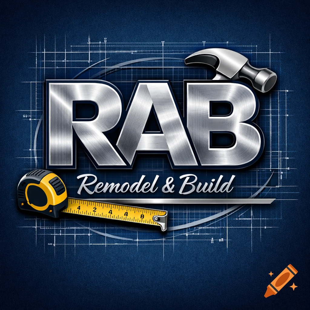 Metallic RAB logo with 'Remodel & Build' tagline, hammer, and tape measure on a blue blueprint background.