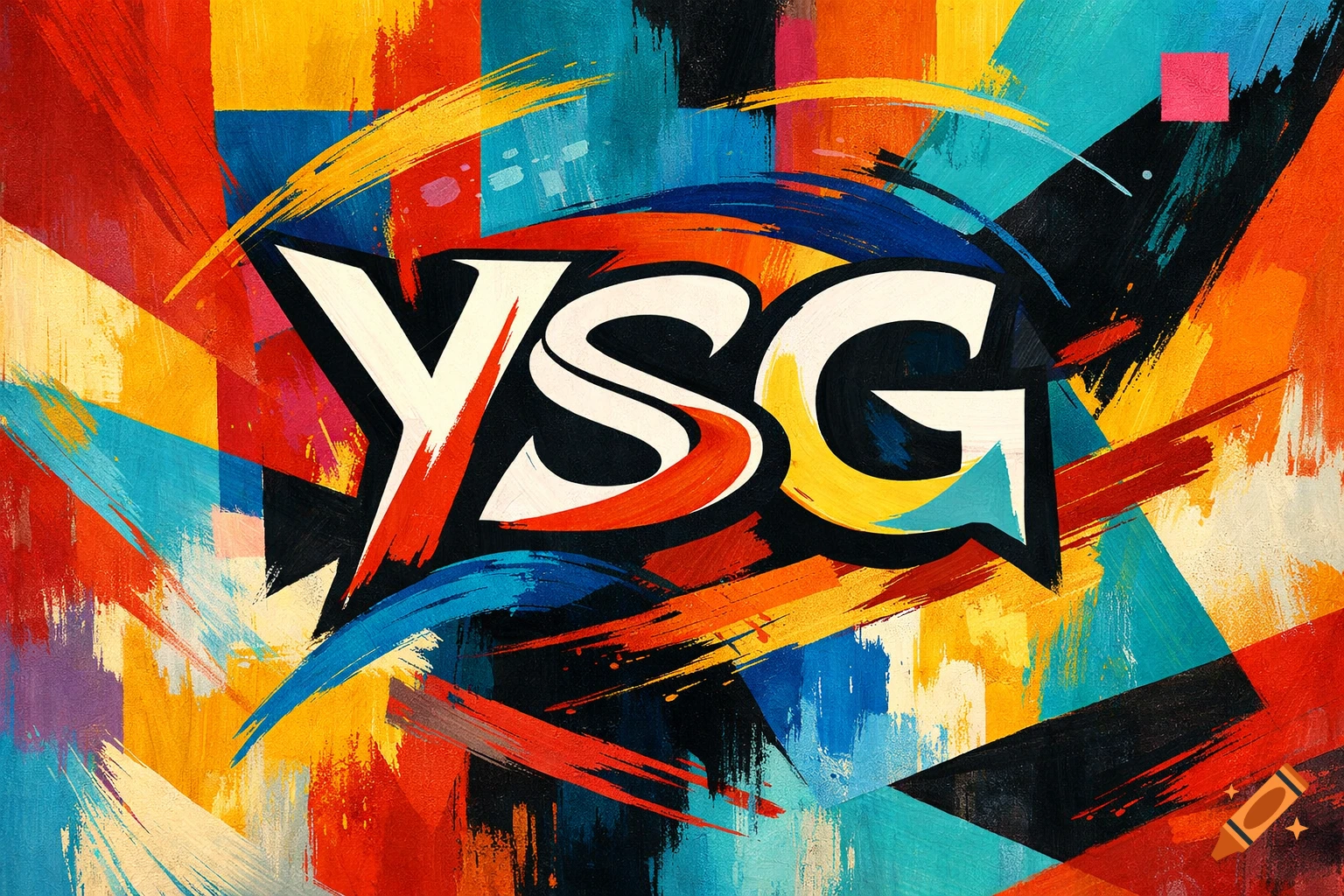 Vibrant abstract artwork featuring stylized 'YSG' text in white, yellow, and orange, set against a background of colorful brushstrokes and geometric shapes.