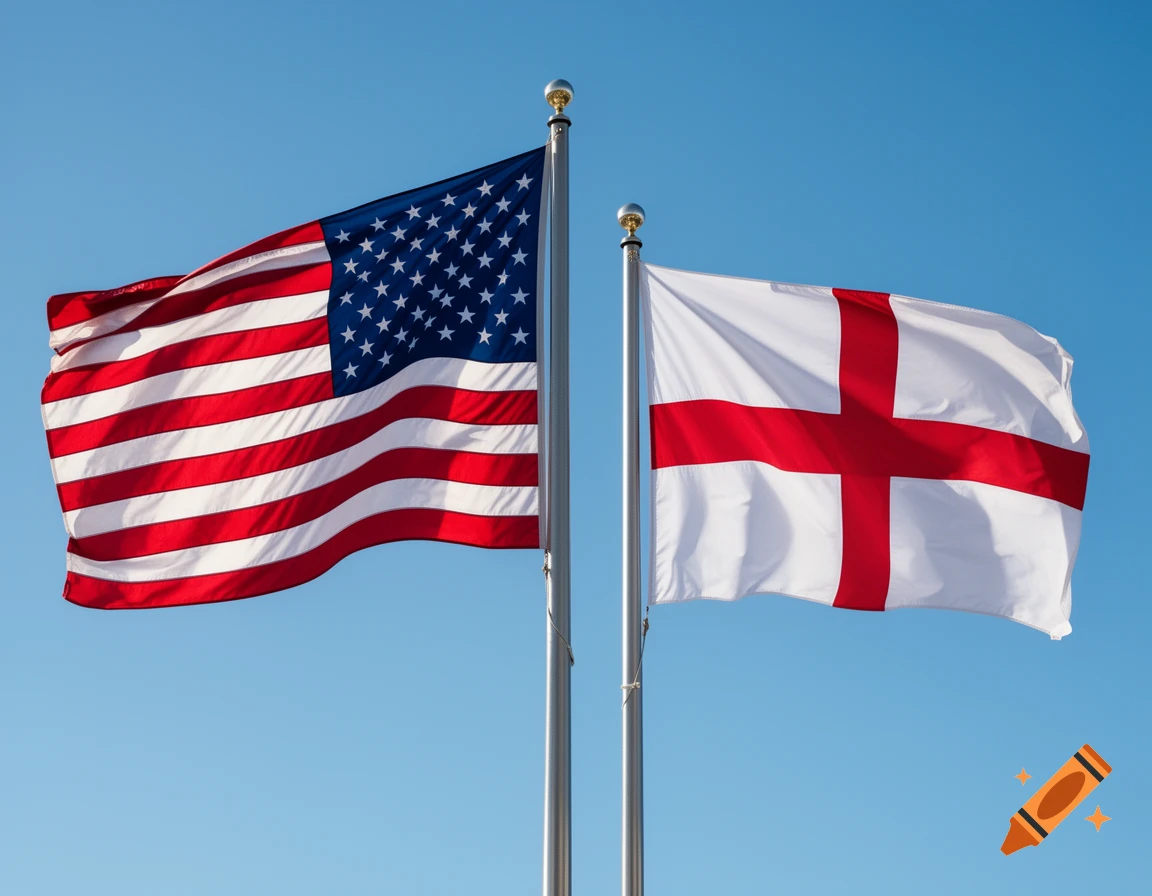 Photorealistic image of the American and English flags waving against a clear blue sky.