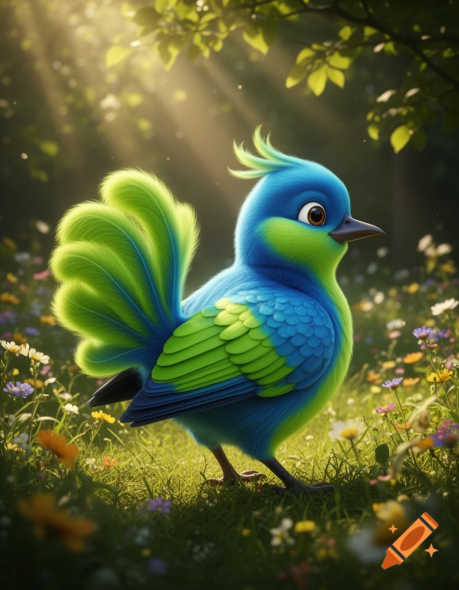 A cute, fluffy blue and green bird with large eyes and fanned tail feathers stands in a sunny, flower-filled grassy field.